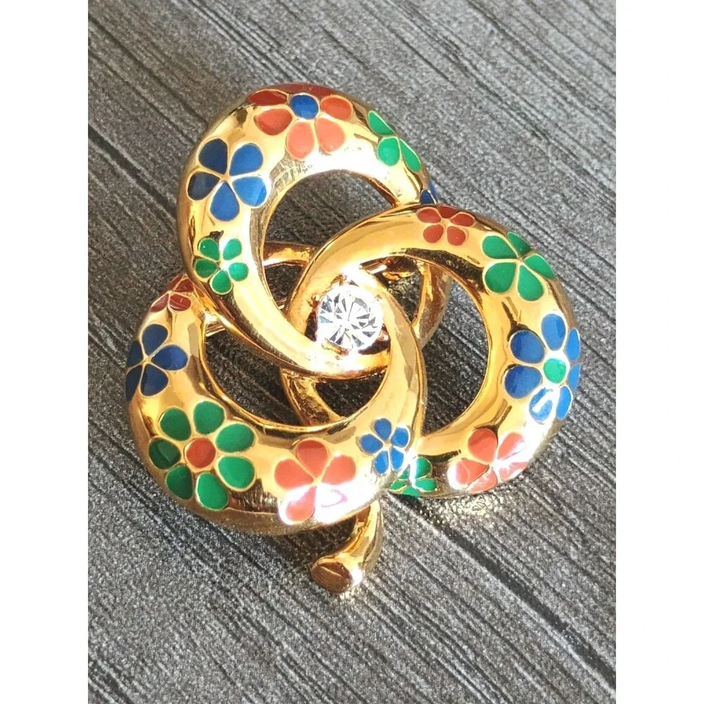 Joan Rivers Shamrock Orange Green Blue Enamel Rhinestone Gold Tone Brooch